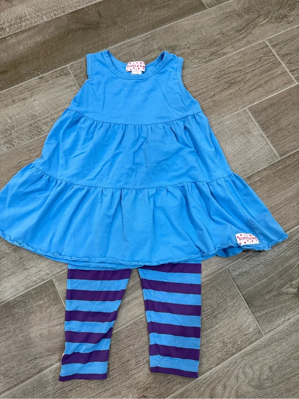Ruffle Girl Matching Set - Blue Tiered Dress with Blue & Purple Striped Leggings